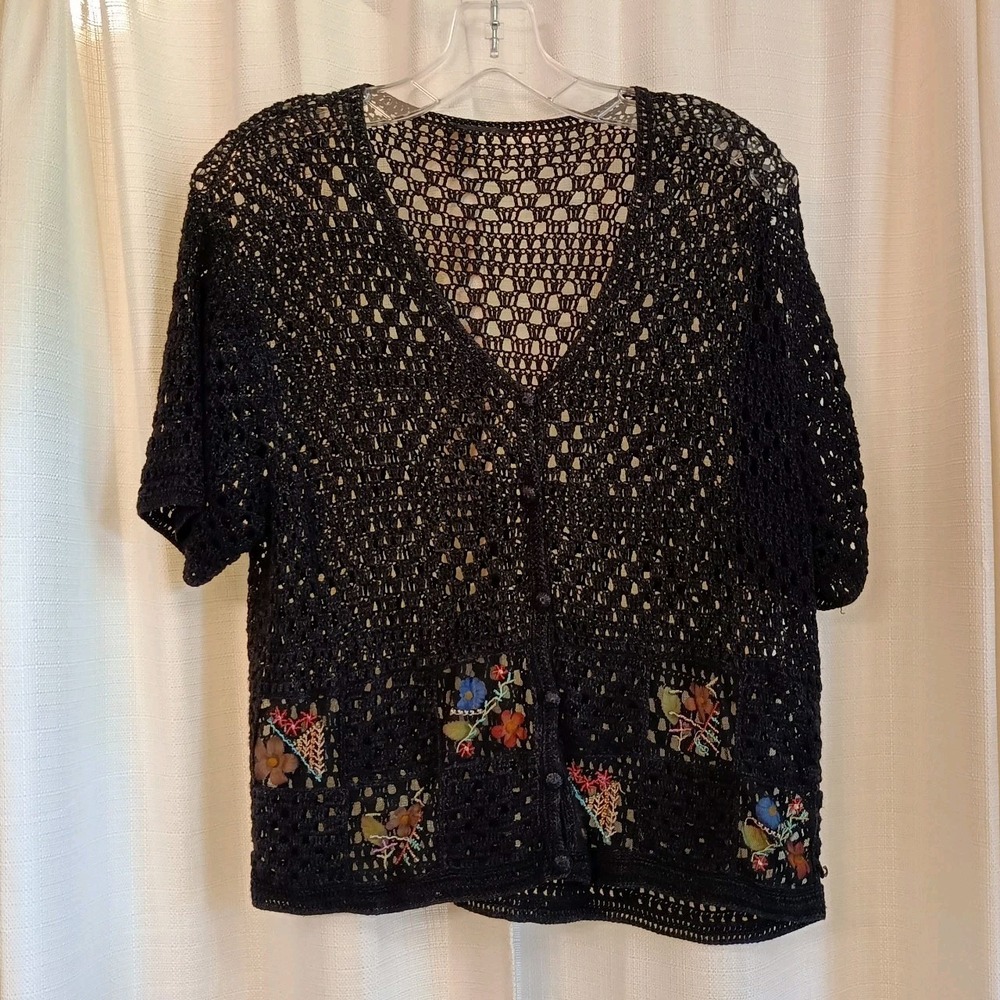 Black Crochet Floral Embroidered Button Over Shirt Short Sleeve Womens S Cottage